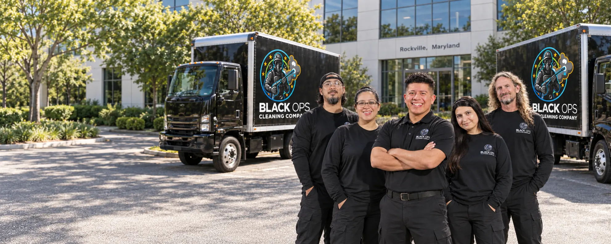 AI-generated concept of the Black Ops Cleaning team beside two branded trucks.
