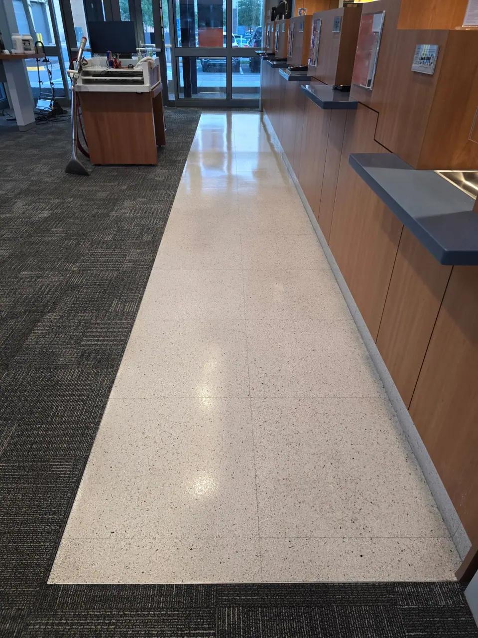 Terrazzo floor after stripping and recoating.