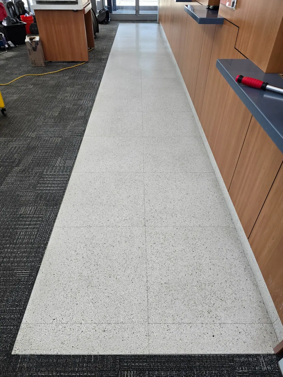 Terrazzo floor after finish removal and preparation.
