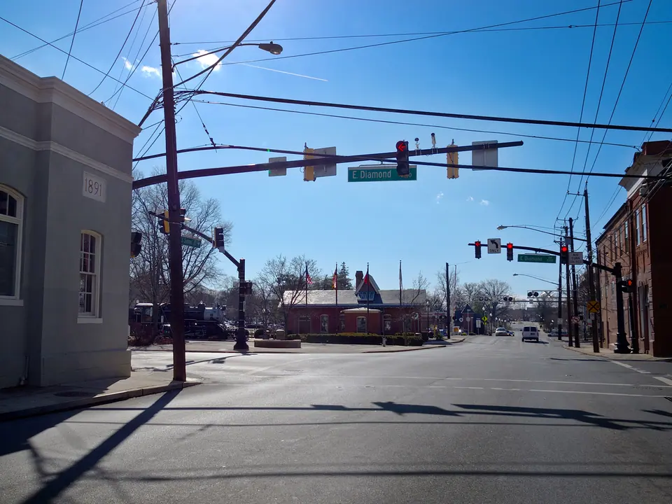 Downtown Gaithersburg at Diamond Street, with the MARC station in the background.